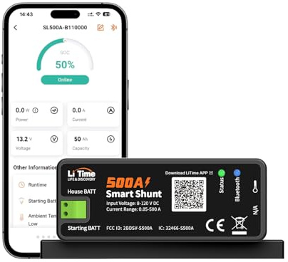 LiTime Smart Shunt 500A, Bluetooth Batteriövervakare 8V-120V med SOC, Larm och Historik för Litium-, LiFePO4-, AGM- och GEL-batterier, för Husbil, Båt och Energilagring i Hemmet