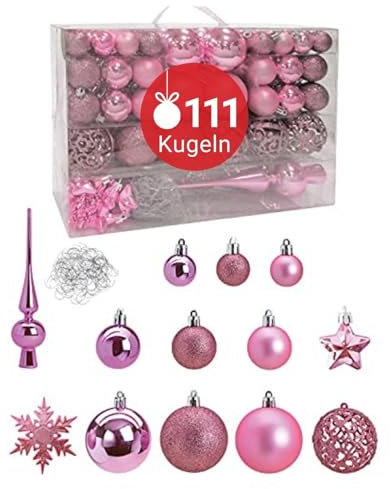 WOMA Christbaumkugeln Set Rosa & 19 weiteren Farben - 111er Weihnachtskugeln Set inkl. Metallhaken - Weihnachtskugeln Kunststoff - Weihnachtsbaum Deko & Christbaumschmuck