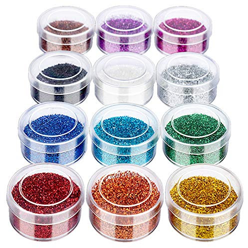 FANDAMEI 12 Pots Extra Fine Glitter for Arts & Crafts, Acrylic Nail, Face, Body, Eye, Hair, Lips, Card Making, Scrapbooking - Cosmetic Powder for Nail Art