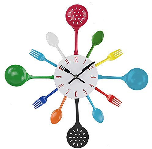 Timelike Wall Clock, 16 Metal Kitchen Cutlery Utensil Spoon Fork Wall Clock Creative Modern Home Decor Antique Style Wall Watch (Colorful)