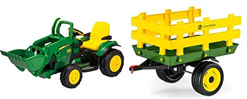 Peg Perego John Deree Ground Loader, Ruspa Elettrica A Batteria Ricaricabile con Benna, dai 3 Anni & Perego Rimorchio A 2 Ruote, John Deere Stake-Side Trailer