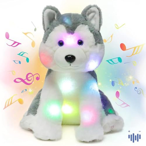 Hopearl LED Musical Plüsch Husky Leuchtet Singender Plüschhund Lautstärkeregulierung Schlaflied Animierte Beruhigung Geburtstagsfest für Kinder Kleinkind Mädchen, Grau, 30,5 cm