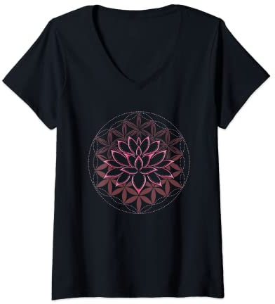 Damen Lotus Mandala Lotusblüte mit Blume des Lebens Yoga Zen T-Shirt mit V-Ausschnitt