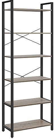 VASAGLE Bücherregal 6 Ebenen, Standregal mit Stahlrahmen, freistehendes Regal, Wohnzimmer, Schlafzimmer, Arbeitszimmer, 30 x 66 x 186 cm, Industrie-Design, greige meliert-tintenschwarz LLS062B02