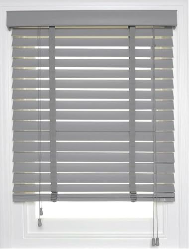 Venetian Faux Wood Blind wooden Blind With TAPE Ladder 50mm Slats Trimmable Fauxwood Easy Fit Blinds for Home Kitchen Garage Campervan Caravan Light Control (Grey, 120cm width x 150cm drop)