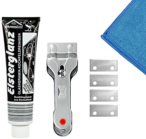 Kochfeld Reinigungs- & Pflegeset | XXL Elsterglanz Glaskeramik-Kochfeldreiniger Polierpaste | Glaskeramikschaber Kochfeldschaber + Mikrofasertuch