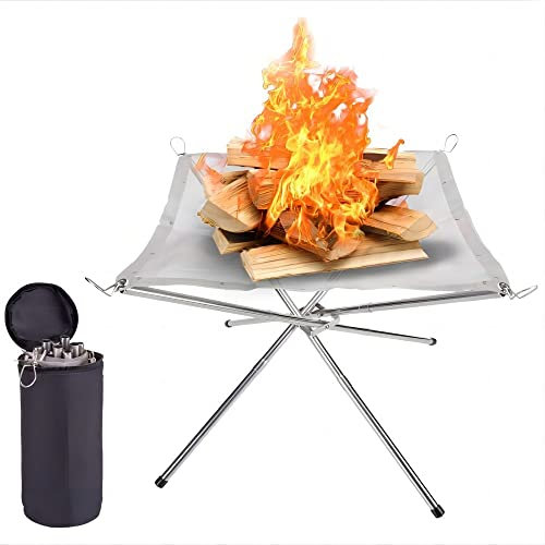 Nestling Portable Foldable Outdoor Camping Fire Pit, 304 Stainless Steel Mesh Fireplace Picnic Campfire Fire Pit Wood Burning with Carry Bag for Patio, Camping Backyard (L(22 x 22 x 17))
