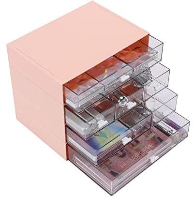 OSteed Desktop Organiser with 7 Drawers, Stackable Storage Box on Desk, Small Plastic Storage Unit with Drawers for Home Collection, Makeup, Office Supplies (4 Flat Layers, Pink)