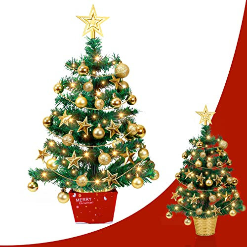 Pre-Lit Mini Christmas Tree, 50 cm Small Artificial Xmas Trees, Tabletop Christmas Trees with Ornaments for Table Desk Home Decorations