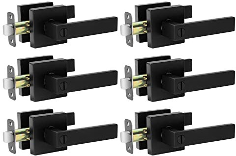 AIKKIL Matte Black Door Handle Interior Door Knob Keyless Levers Set (6 Pack), Heavy Duty Privacy Door Handle Lock for Bedroom or Bathroom, Door Lock with Handle Reversible for Left Right Sided Doors