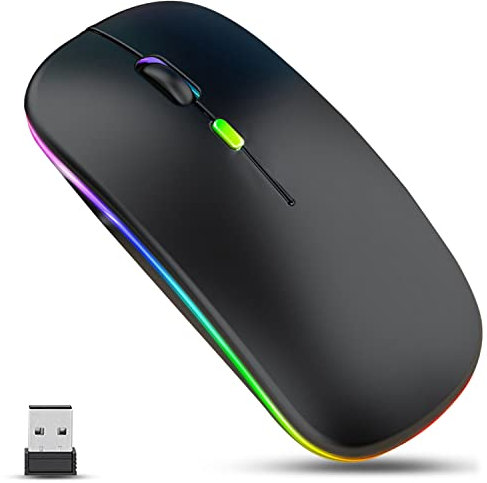 GLOBAL TECH LED Wireless Mouse, Slim Rechargeable Wireless Silent Mouse, 2.4G Portable USB Optical Cordless Mice with USB Receiver for Laptop, PC, Computer, Mac (Black)