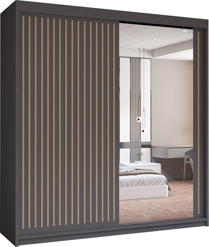 MN Furniture Modern Double Sliding Door Wardrobe 2 Mirrored Hanging Rails & Shelves Storage Cabinet for Bedroom (Royal Grey, 150cm)