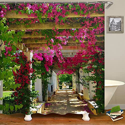 JIANGLANY Spring View of Garden Shower Curtain Pink Purple Flower Vines Landscape Bath Curtain with Hooks Farmhouse Garden Corridor Bathroom Decor Waterproof Fabric 180x180cm (2)