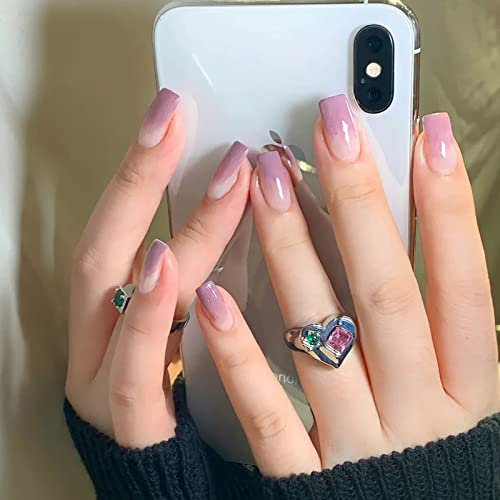 AKOFIC 24 Pièces Faux Ongles Moyen, Ballerine Faux Ongles à Coller French, Ombre Violet Glazed Press on Nails avec Gel Pad Ongles, Faux Ongles Reutilisable Sans Colle pour Femmes