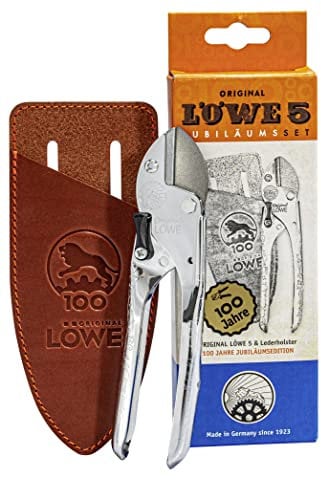 Original LÖWE 5, 100 Jahre Jubiläumsedition - Profi Gartenschere Amboss Schere 5.100 aus Metall mit rostfreier und antihaftbeschichteter Stahlklinge zusammen mit handgefertigtem Lederholster