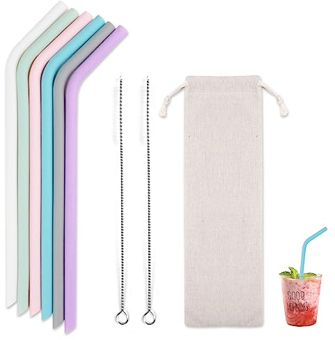 QZDAFFIC 6 Stück Silikon Strohhalme Wiederverwendbar, 2 Stück Strohhalm Bürste mit Aufbewahrungstasche Klein, Bubble Tea Strohhalme Kinder für Slushy Slush