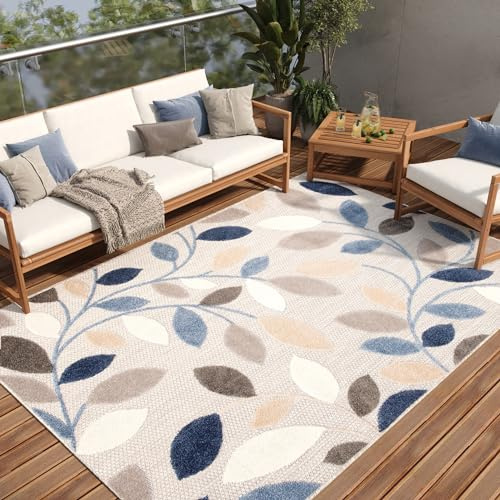 TAPISO Patio Teppich Indoor Outdoor Grau Mehrfarbig Blätter 300 x 400 cm | strapazierfähiger Teppich UV-beständig Flachgewebe Sisaloptik Robust Wetterfest Terrasse Wintergarten Balkon OEKO-TEX