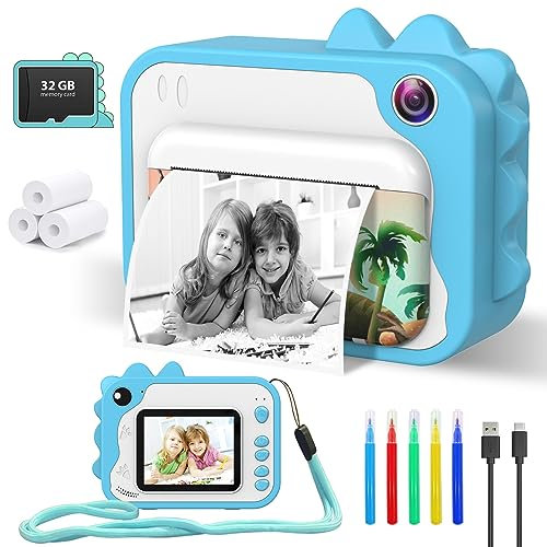 Kinder Kamera, 2,4-Zoll Display Sofortbildkamera Kinder, 1080P HD Videokamera mit 32GB Karte,3 Rollen Druckpapier 5 Farben Pinselstift, Geschenke für 3-12 Jahre Jungen mädchen Spielzeug Blau