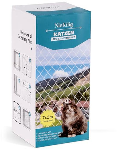 NieKilig Katzennetz für Balkon, 7x3m Katzengitter Fenster ohne Bohren, Transparentes Katzenschutznetz für Katzen zur Sicherung von Balkon, Terrassen, Fenstern, Dachluken, Türen