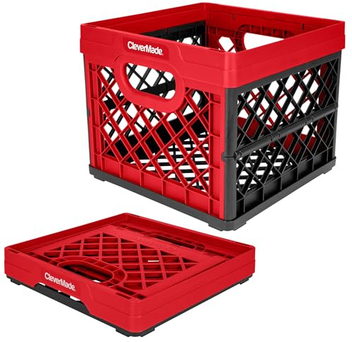 CleverMade Collapsible Milk Crate 25L (6.6 Gal), 50 lb Capacity Heavy Duty Folding Crate – Stackable Storage Crates with File Rails, Plastic Collapsible Crates - Red