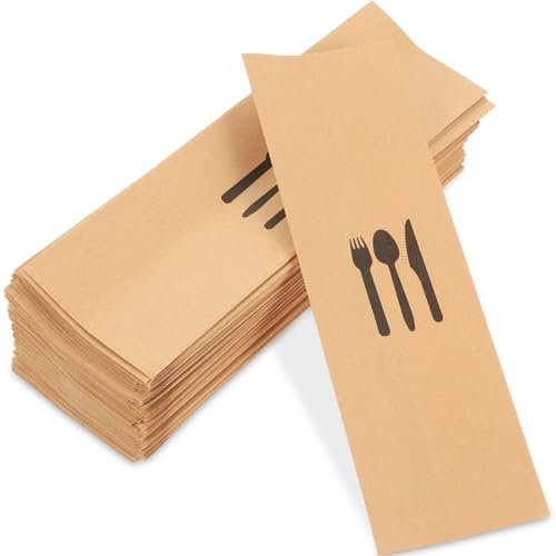 ULTECHNOVO Kraft Paper Flatware Pocket, 100Pcs Utensils Sleeves Holder Cutlery Bags for Wedding Party Kitchen Restaurant Tableware Supplies