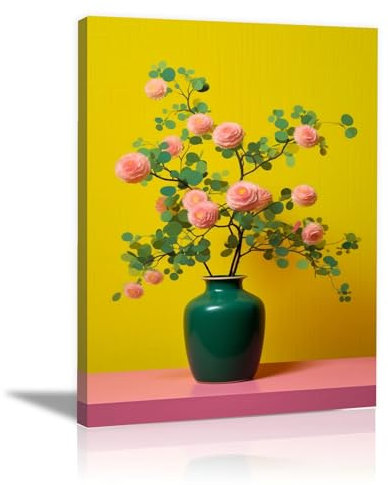 SHYAMIC Rosa Quadri Moderni Soggiorno Verticale Su Tela, Vaso verde con fiori rosa Quadri estetici camera da letto bagno decorazione artistica -20x30cm Intelaiato