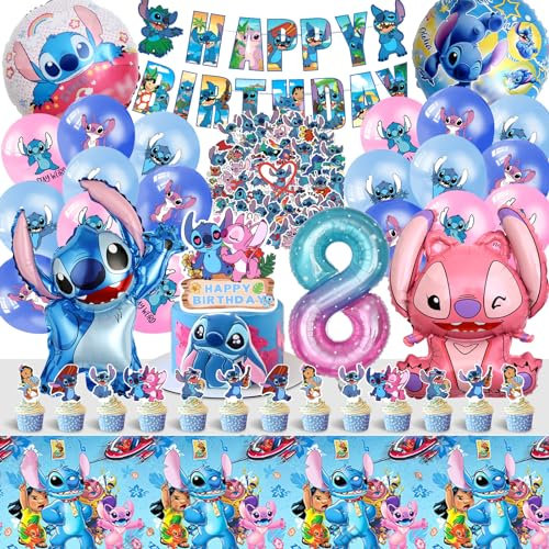 100pcs Stitc Geburtstagsdeko 8 Jahre, Lil und Stitc Ggeburtstag Deko, Stitc Deko Geburtstag, Stitc Kuchen Deko, Stitc Sticker, Stitc Ballons,Stitc Tortendeko für Kindergeburtstag