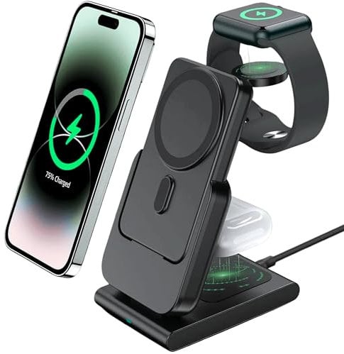 Magnetic Wireless Charger Stand & Detachable Power Bank | Fast Charging Magnetic Wireless Charging Station for Apple iPhone 16, 15, 14, 13, & 12 iWatch and AirPods, Removable 5000mAh Battery (Black)