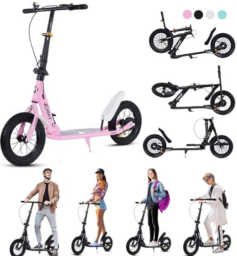 GHBXJX City Roller 290mm Big Wheel Scooter Erwachsene 150 kg Tragkraft, Klappbarer Cityroller mit Handbremse und Bremse, Tretroller Kinder ab 7, Kickscooter für Erwachsene und Kinder,Rosa