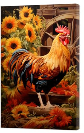 ZXHYWYM Hahn Drucke Wanddekoration Huhn Sonnenblumen Gemälde lustiges Bauernhoftier Leinwandbild Vintage Landhaus Küchen Esszimmer Dekoration mit Rahmen (A (40.00 x 60.00 cms))