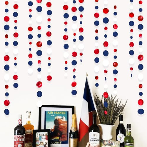 46 Ft Bleu Marine Rouge et Blanc à Pois Papier Guirlande Décorations de fête Royal Blue Red Blanche Cercle Points Streamer à Suspendre pour France fête Nationale Diplômes Mariage Anniversaire Décor