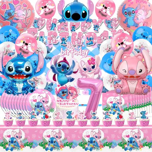 Set Compleanno Stitc 7 Anni - Kit Festa con Palloncini, Stoviglie e Sfondo per Bambina