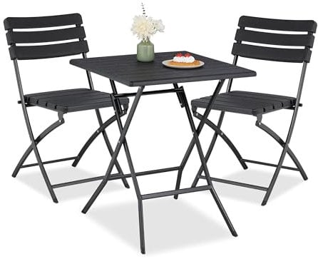 Relaxdays Balkonmöbel Set, 3-teilig, 1 Tisch & 2 Stühle, klappbar, Gartengarnitur Holzoptik, Stahl & Kunststoff, schwarz