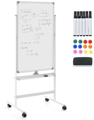 GIANTEX Tableau Blanc Mobile Double Face, 60 x 100 cm, Tableau Magnétique sur Pieds Réglable en 2 Hauteur, Effaçable à Sec, Marqueurs Noirs, Effaceur, Aimants (Blanc, 60 x 100 cm)