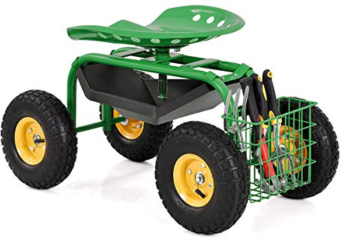 COSTWAY Rollsitz mit Rollen, 360 ° drehbar | höhenverstellbar, Gartensitz mit Ablage & Korb, bis 150 kg | breite Gummireifen, Gartenrollsitz für Gartenarbeit, Arbeitssitz Gartenwagen Metall (Grün)
