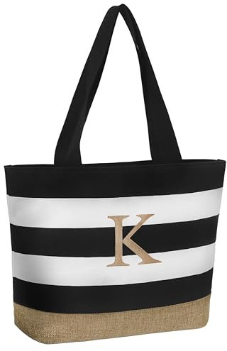 TAHAVICE Personalisierte Strandtasche, Initiale Tote Bag Damen Groß, Einkaufstasche mit Reißverschluss, Personalisierte Geschenke Frauen für Freundin Brautjungfer Frau Kollegin(K)