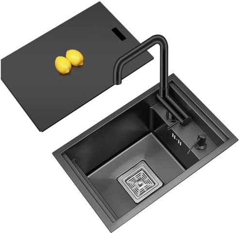 Single Bowl Black Hidden Sink in Kitchen Sink at Bar Domestic Commercial Sink with Cup Washer Lifting Faucet Space Saving,Single Bowl Sink With Cover Small Embedded Siphon Sink Stainless Steel Counter