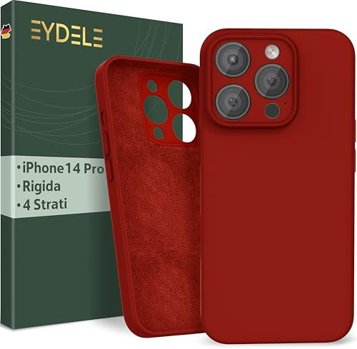 EYDELE Quadrupla Protezione per iPhone 14 Pro - Case Rigido | Fodera in Microfibra | Custodia Silicone Anti Impronta - Cover Rosso fuoco