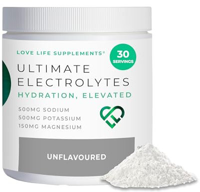 Ultimate Electrolytes Powder Unflavoured, 500mg Sodium, 500mg Potassium, 150mg Magnesium, 96g - 30 Servings, Pink Himalayan Salt for Hydration, Sweetened with Stevia - Love Life Supplements