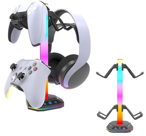 AriKroii Soporte Auriculares, Soporte Cascos Gaming y Mando con 10 Modos de Luz, Soporte Cascos con Cargador 1* USB 2*Tipo C, RGB Soporte Universal de Auriculares y Mando