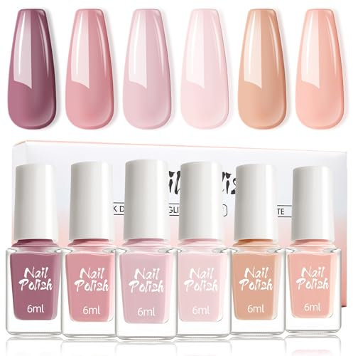 Nail Polish Set - 6PCS Nude Pink Nail Varnish - Air Dry Natural Solid Color Fast Drying Nail Polish - No Chip Long Lasting Nail Set No Need UV Home DIY Salon Gift Set