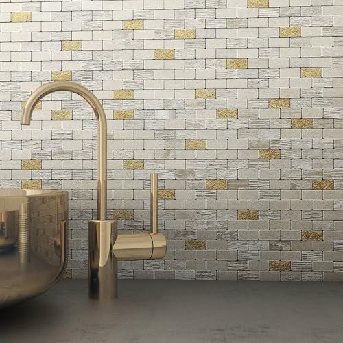 M MOFIT Brick Stick on Mosaic Tiles Kitchen Splashback Fireplace Stove,3D Self Adhesive Wall Tiles Stickers for Bathroom(Champagne Gold 5pcs)