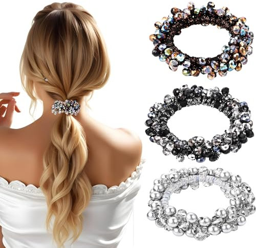 3 Stück Perlen Haargummi Mädchen Elastische Haarband mit Kristallperlen Pferdeschwanz Clips Glitzer Perle Haarbänder Haarkugel Kopfdekoration Perlen Haarseile für Frauen und Mädchen