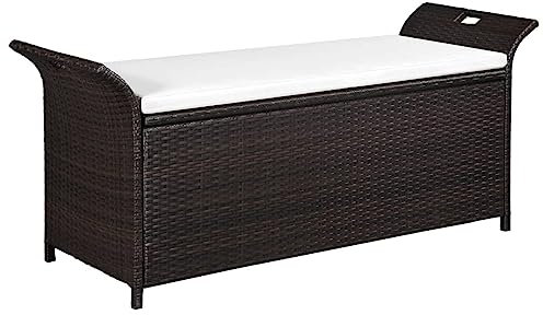 Xichuzi Truhenbank mit Polster, Gartenbänke, Sitzbank Outdoor, Parkbank, Garten Bank Für Draussen, Outdoor Deko Wetterfest, 138 cm Poly Rattan Braun