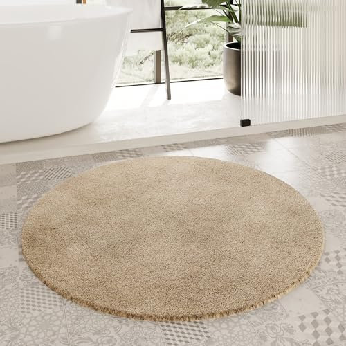 Homie Living Badteppich, Badematte kuscheliger Flauschiger weicher Flor l rutschfest und Waschbar Porto Azzurro (90 cm rund, Cappuccino beige)