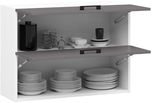 BDW - Küchenschrank Hängend - Oberschrank Küche - Weiß/Grau - 80x30x58cm, mit 2 x Klapptür und Griff - Küchenschränke Einzeln, Wandschrank, Küchenhängeschrank - OLIWIA G2 1 STK