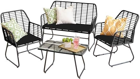 Neo Garden Furniture Patio Wicker Bamboo Style Cane Chair Table Outdoor Indoor Balcony Conservatory Rattan Cushion Sofa Set 4 Piece (Black)