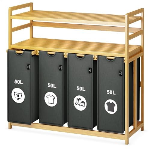 Tiklife Wäschekorb 4 Fächer 2 Regale ausziehbarer und abnehmbarer Wäschesack Wäschesortierer 200L Grau