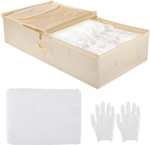 Wedding Dress Storage Box, Dress Preservation Box with Dustproof Cover & Gloves, Bridal Dress Medium Size Storage Box with Zipper Handle, Blocks Sunlight Dust Moisture