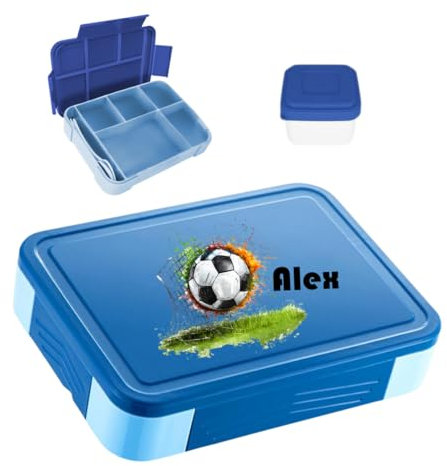 minimutz Brotdose Jungen personalisiert, Brotzeitdose Fußball Kinder mit vielen Fächern, Lunch Box mit Name BPA-frei auslaufsicher, Bento Box Set mit buntem Aufdruck (blau)